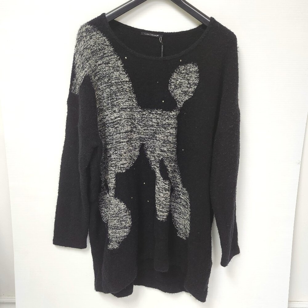 Luisa Cerano Women's Black/Grey Poodle Sweater W/Rhinestones Size 16